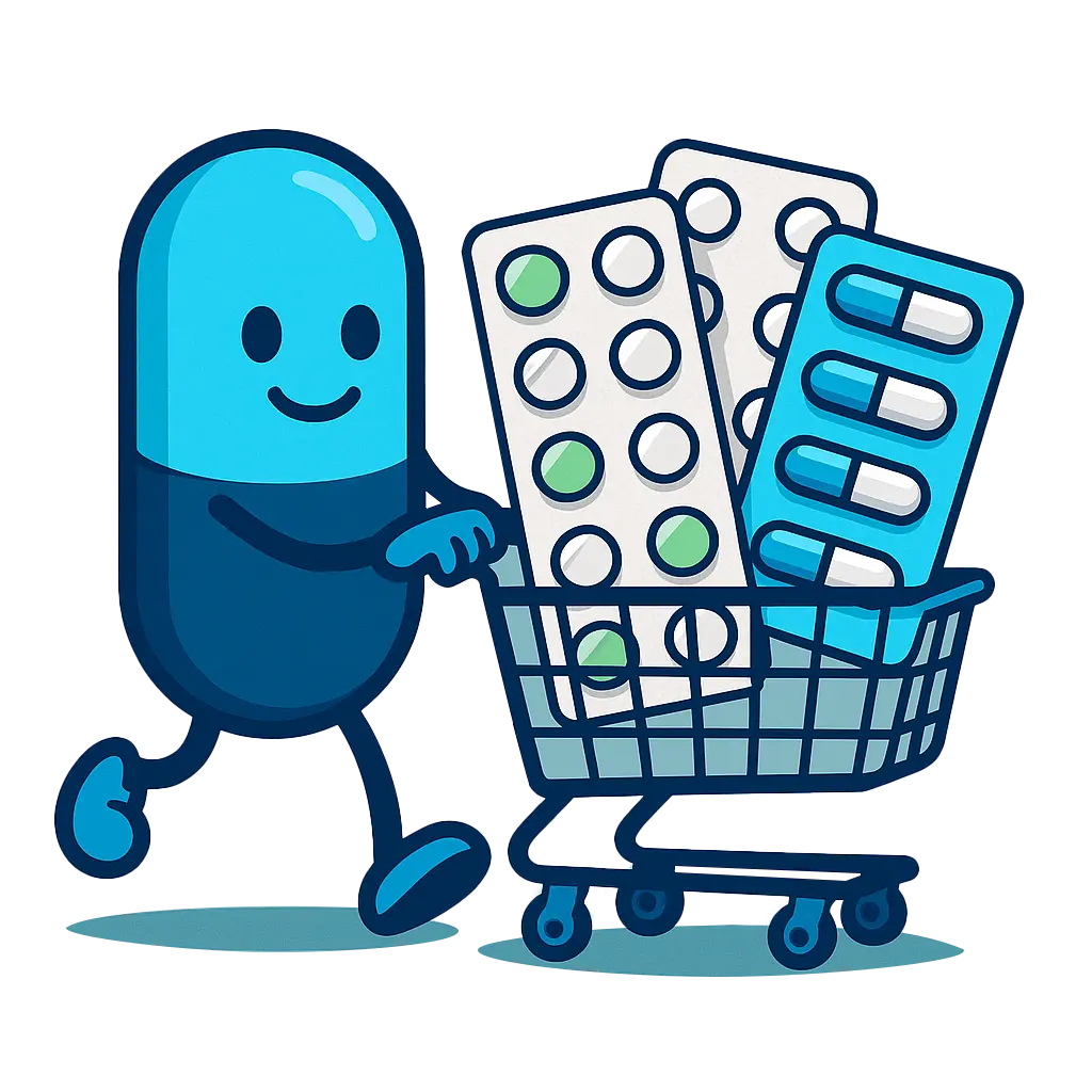 Mascotte bleue poussant un chariot rempli de médicaments